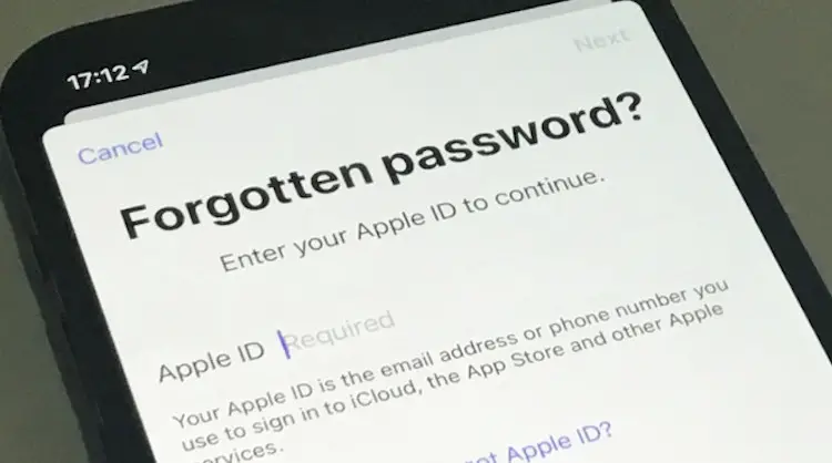 Forgotten Apple ID password reset screen